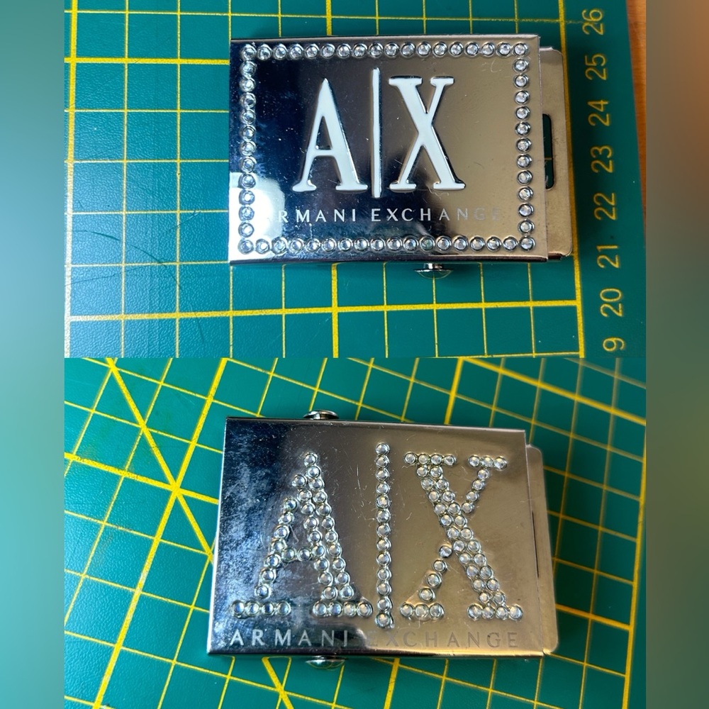 Pair of 2 Vintage Armani Exchange silver rhinestone logo belt buckle